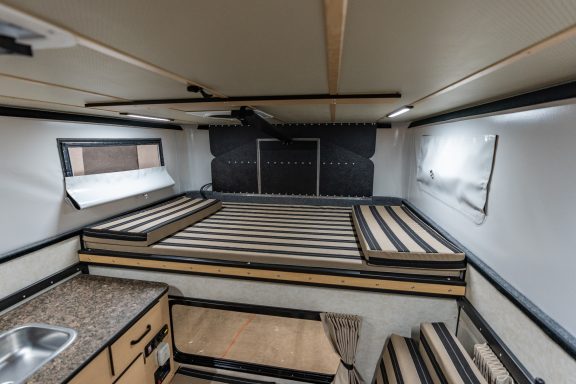 Hawk Pop-Up Camper, full size, interior, bed